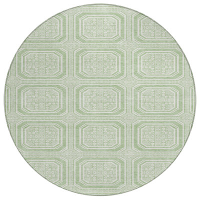 8' Mint Green And Ivory Round Geometric Washable Indoor Outdoor Area Rug