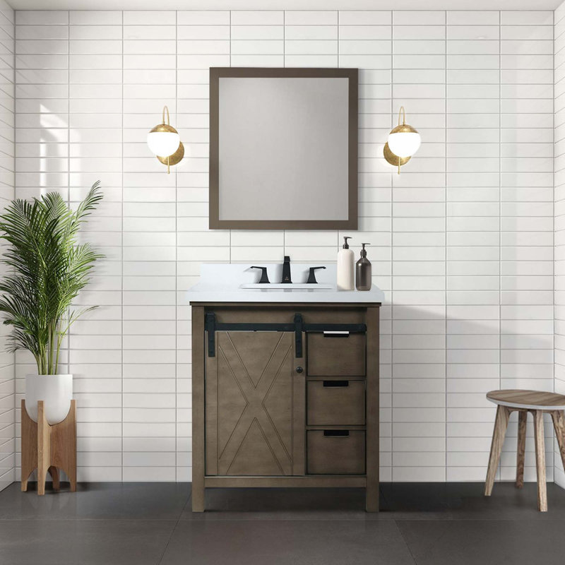 Meuble-lavabo rustique brun, comptoir en quartz blanc, ensemble de robinets et miroir de 28 po