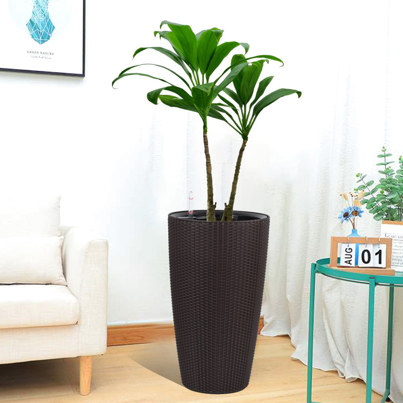 Set Of 2 Faux Rattan Tall Planters Outdoor Indoor Large Planters With Water Level Monitor Inner Bucket, Automatic Watering, Flower Plant Pots For Garden, Patio, Porch, Backyard (22 Inch )