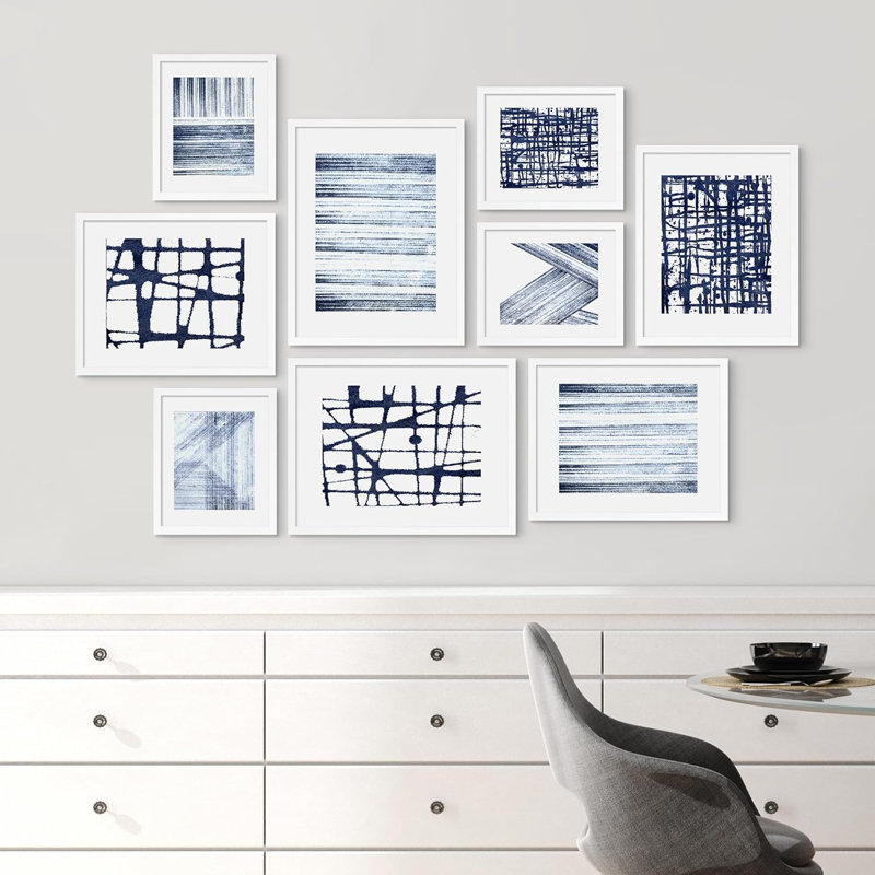 " Navy Ink Brushstroke Abstract Patterns " 9 - Pieces, White Framed