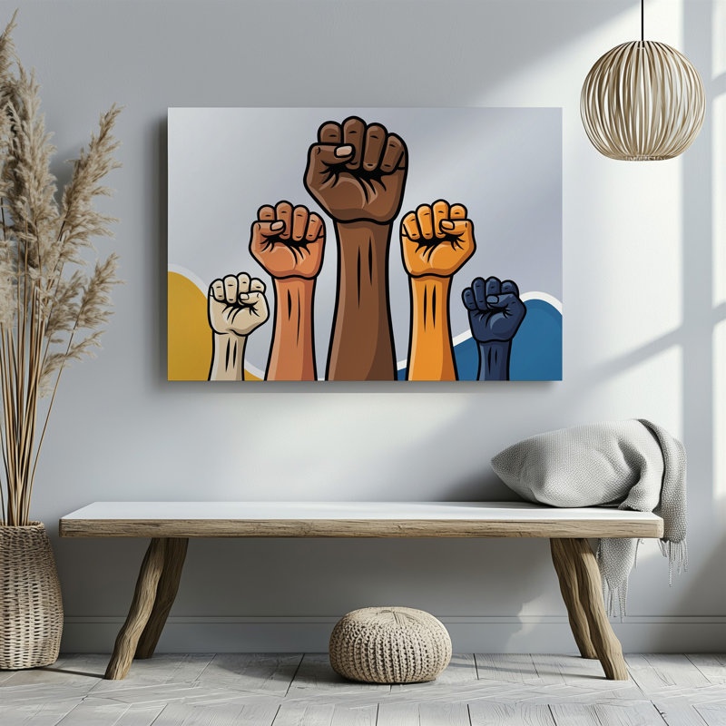 Toile, "Créez une image" mettant en vedette un puissant affichage de poings levés dans divers tons de peau, symbolisant l'unité et la solidité, art mural