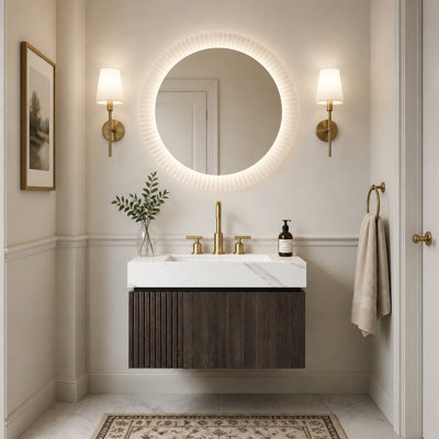 Meuble-lavabo de salle de bain 30 po MURI, armoire de rangement flottante en contreplaqué avec tiroir et porte, plateau en pierre frittée blanc Carrara et lavabo en céramique avec 3 trous de robinet pré-percés, pré-assemblé, grain de bois espresso