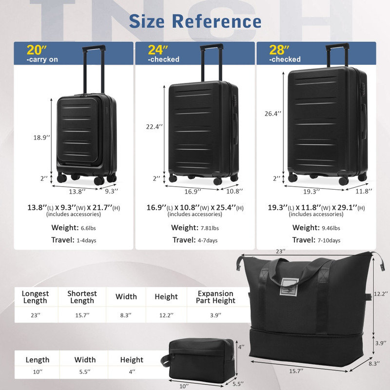 Ensemble de 5 valises à ouverture frontale extensible 5 pièces 20/24/28 pouces avec double roues pivotantes port USB et serrures TSA