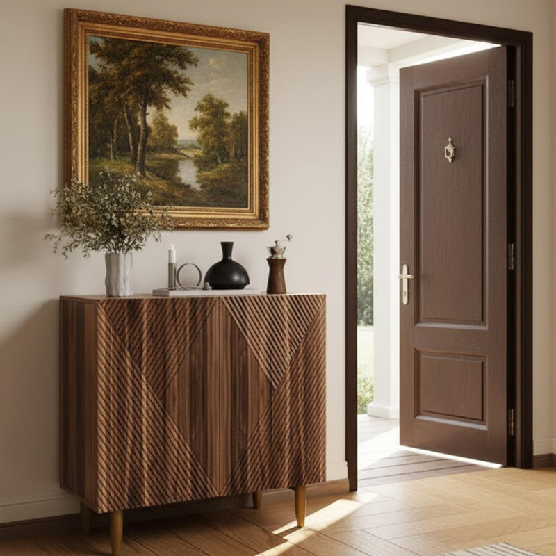 Buffet en noyer cannelé avec tablettes réglables, pieds en métal, rangement polyvalent pour la salle à manger ou le vestibule