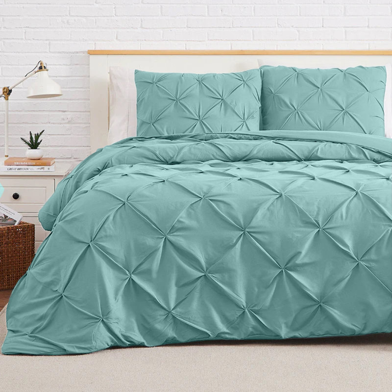  Luxurious Microfiber Pintuck Design Duvet Cover With Pillowcases , Double Duvet Cover + 2 Standard Pillowcases, Sage Green
