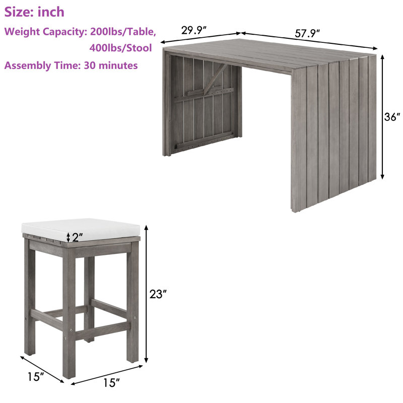 Ensemble de table de salle à manger en bois d'acacia massif 5 pièces pour patio, porche, bord de piscine
