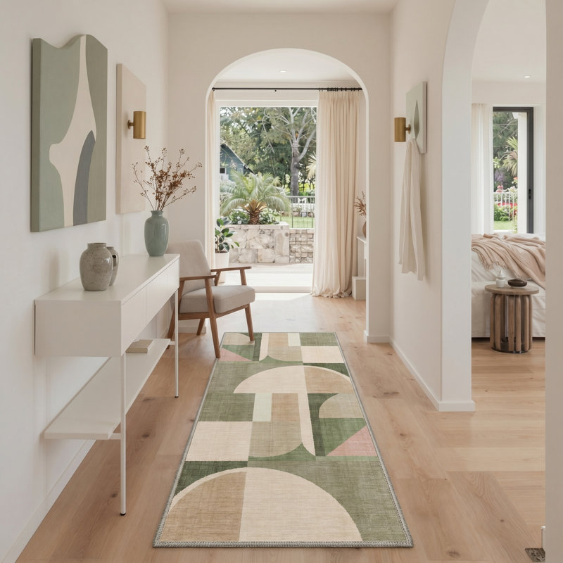 Aura Geometric Machine Washable Green / Beige Indoor Area Rug with Non-Slip Backing, Runner 2' x 6'