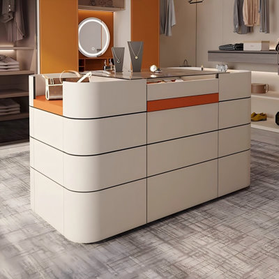59.06"Rectangular transparent tempered glass countertop with beige saddle leather cabinet surface, jewelry storage cabinet