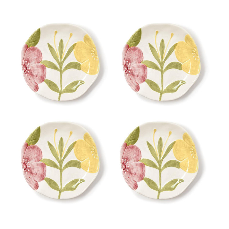 Ensemble de 4 assiettes Kalidou avec motif floral en relief peint à la main