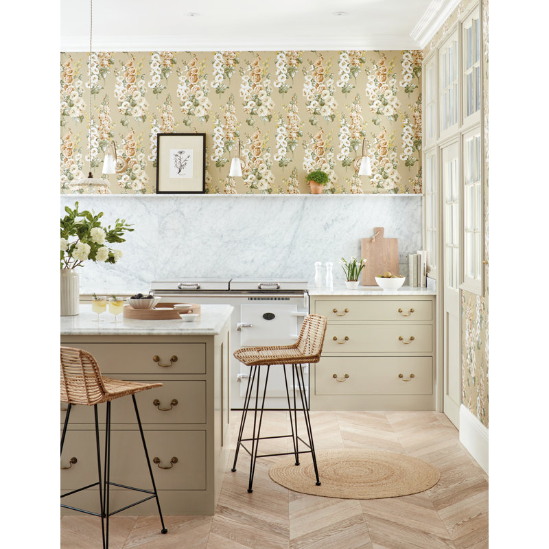 Hollyhocks Wallpaper, Gold Metallic/Tan