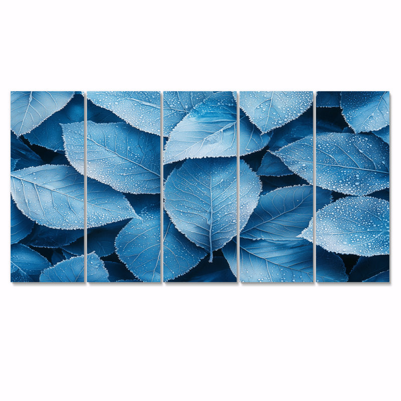 Frost feuilles bleues Tranquitt I - art bleu - ensemble de décoration murale traditionnelle, H 28 po x l 60 po, 5