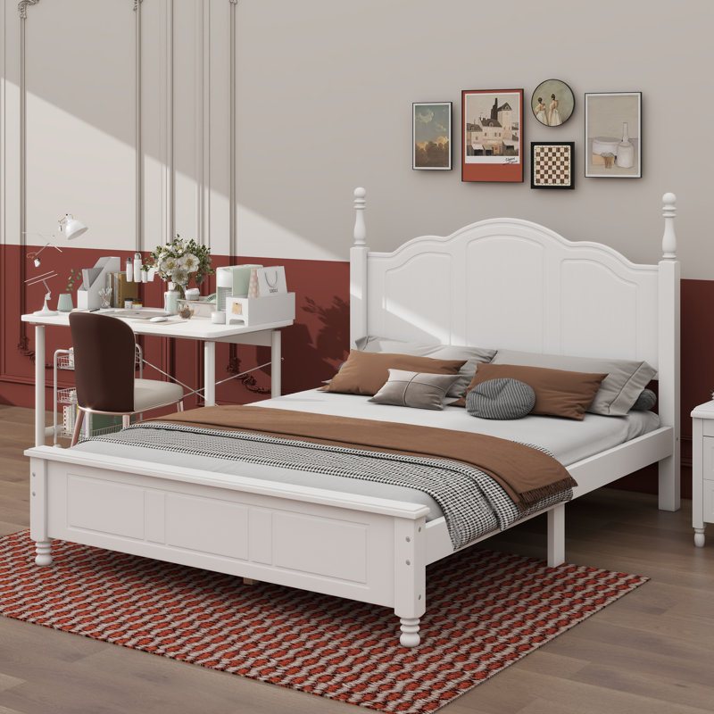 Platform Bed Frame,Retro Style Platform Bed With Wooden Slat Support, White, Full