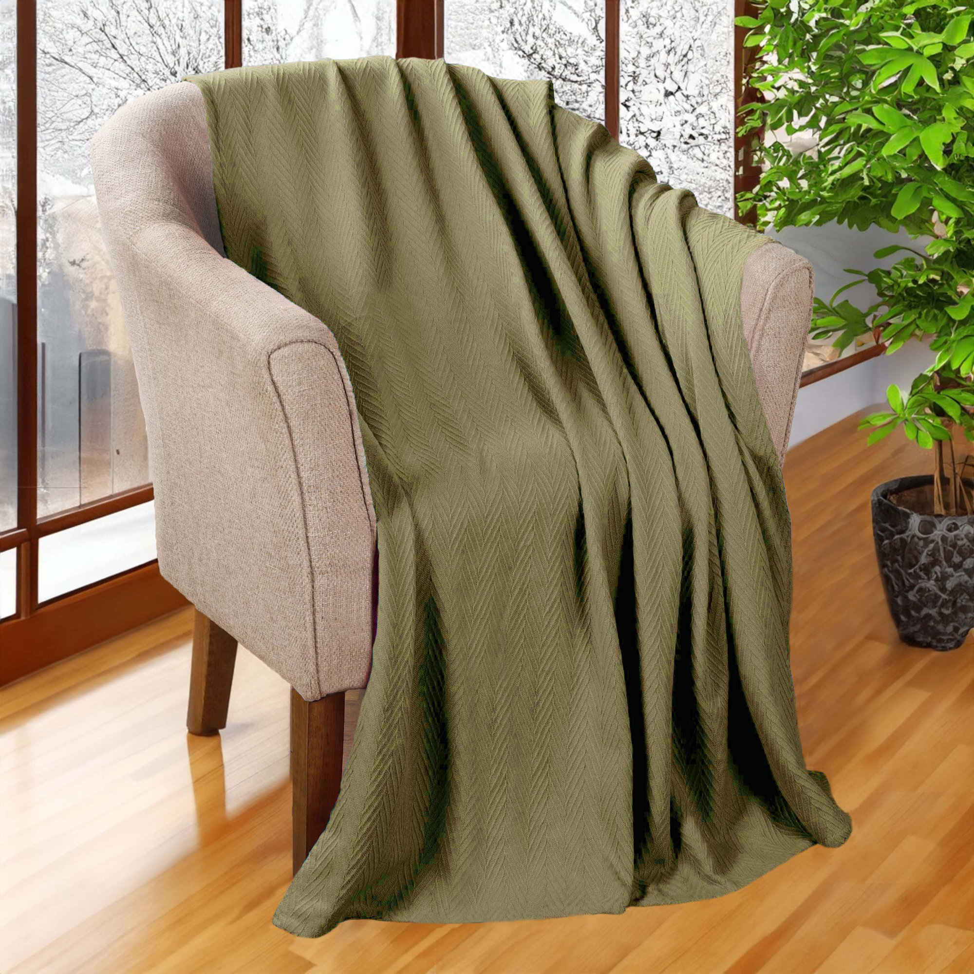 Jareth Woven Metro Zig-Zag All-Season Cotton Blanket, Sage, Throw