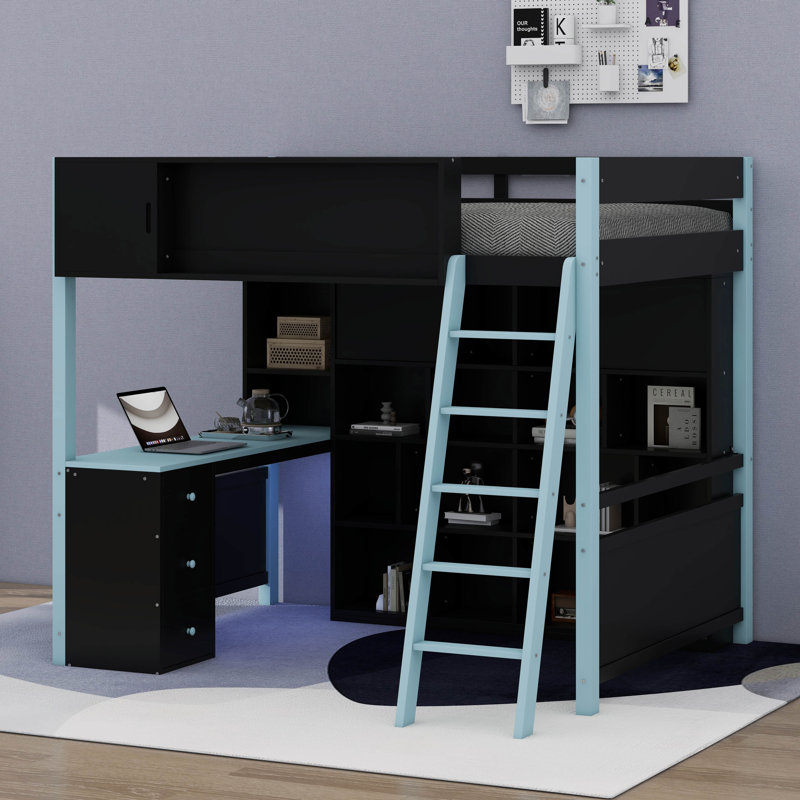 Lit mezzanine double en bois avec bureau et tiroirs, lit mezzanine pour jouer avec espace de rangement et lumière, Bleu