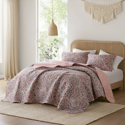 Valerie Pink Boho Floral Reversible 3-Piece King Quilt