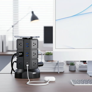 12 AC outlets 6 USB ports 2 USB C power tower 15W wireless charging 1050J surge protection 6.5ft dorm must have