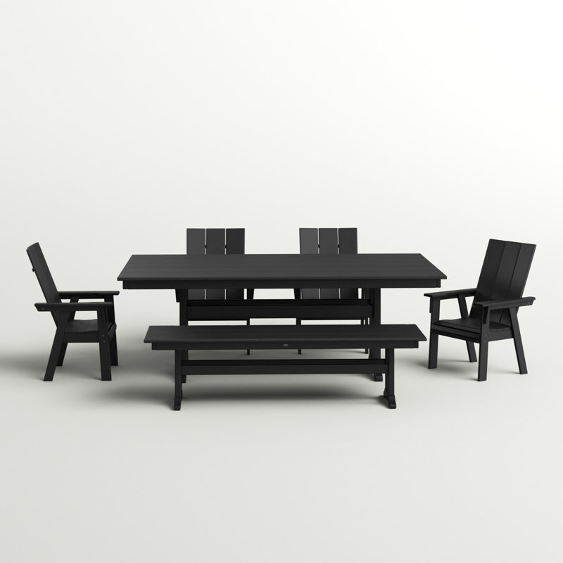 Modern Adirondack Curveback Adirondack 6-Piece Farmhouse Dining Set with Trestle Legs and Bench, Black