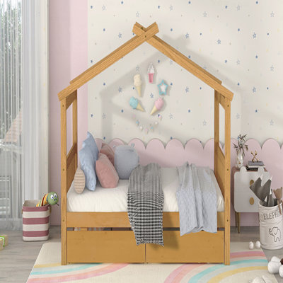 Lit double, maison en bois avec tiroirs
