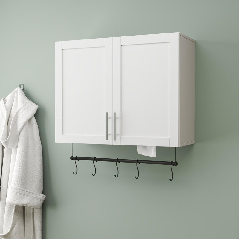 Armoire murale de salle de bain avec tablette réglable, barre à serviettes, 5 crochets, armoire de rangement pour la salle de bain, cuisine, blanc