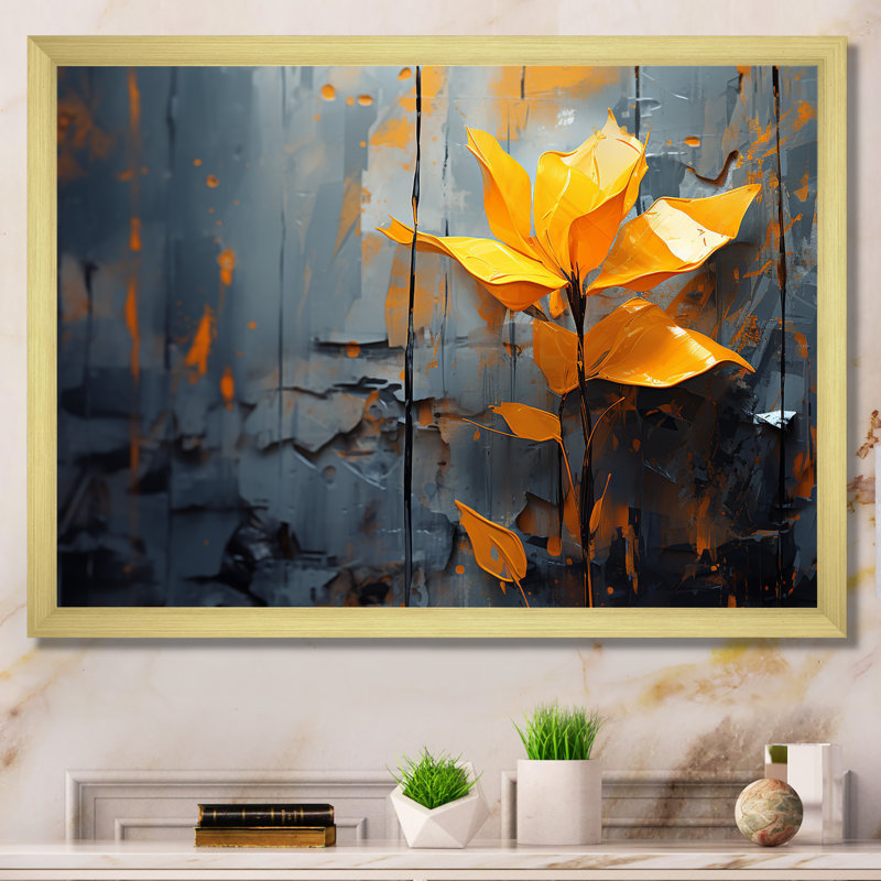 «Tropicale jaune et gris» - art mural abstrait Collages, H 12 po x l 20 po x P 1 po, Cadre doré à coins fermés