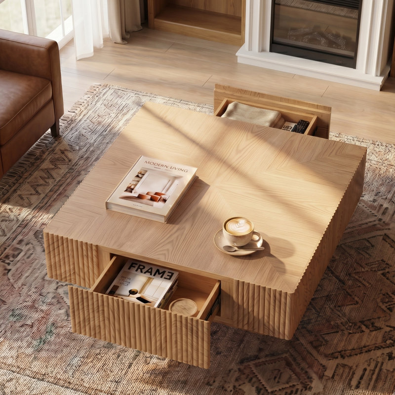 Table basse 31 po carrée en bois naturel avec tiroirs de rangement cachés à 2 voies, détails cannelés, parquet, table basse à grain de bois