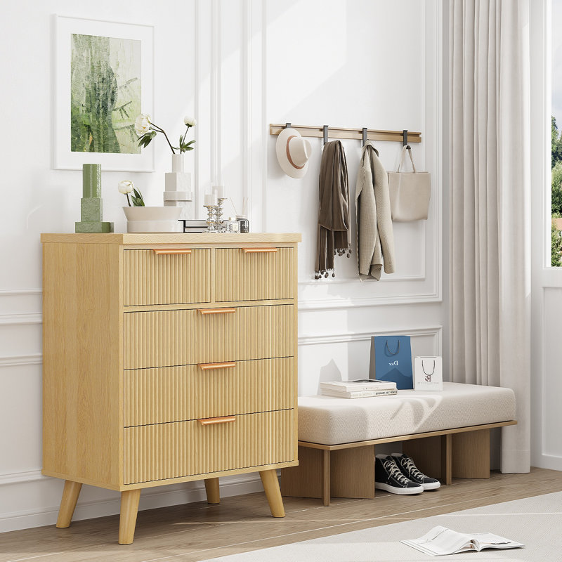 Commode 5 tiroirs pour chambre à coucher, commode en bois cannelée