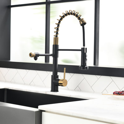 Robinet d'évier de cuisine - robinet d'eau potable avec filtre rétractable en noir et or