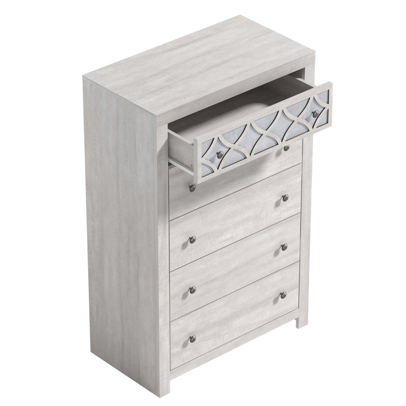 Commode 5 tiroirs Julric, Chêne gris cendré / argent aurore