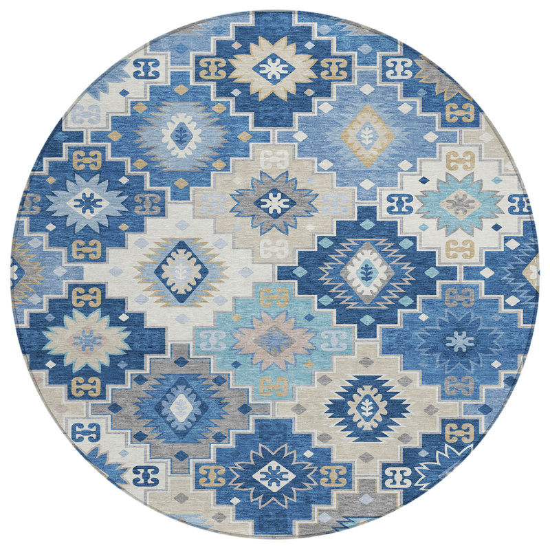 Tapis bleu intérieur / extérieur lavable à la machine Xhevrie, Rond 8 pi
