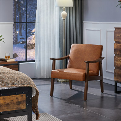 62cm Wide Faux Leather Mid-Century Modern Armchair, Upholstered Accent Chair with Solid Wood Legs