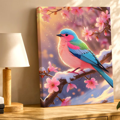 Oiseau coloré, branche de cerisier enneigé rose bleu printemps, reproduction d'art sur toile, décor de bureau de chambre à coucher de chambre à coucher, décoration murale de galerie, œuvre d'art élégante, pour entrée de canapé-lit, couloir