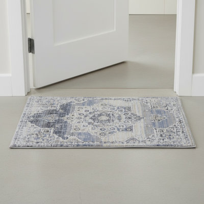 PAYAS Collection Cream / Blue Medallion Doormat Rug