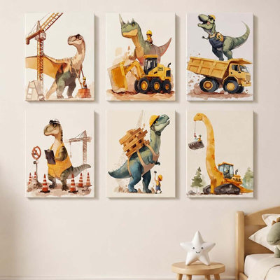 6 Pcs Dinosaur Wall Art Nursery Wall Decor Truck Pictures Framed 30x40cm