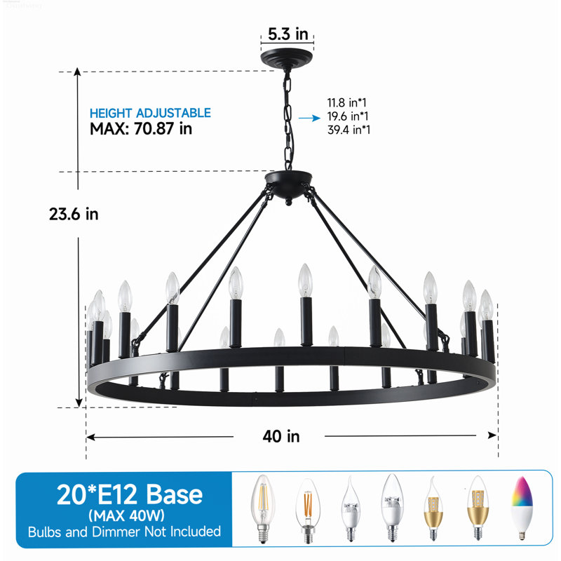 Lustre 20 lumières campagnard rond industriel ouvert avec plafond incliné noir mat, 20-Light