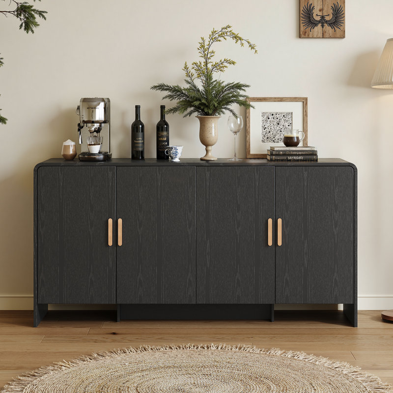 Buffet incurvé 60 po avec 4 portes, Noir, noir, noir, noir