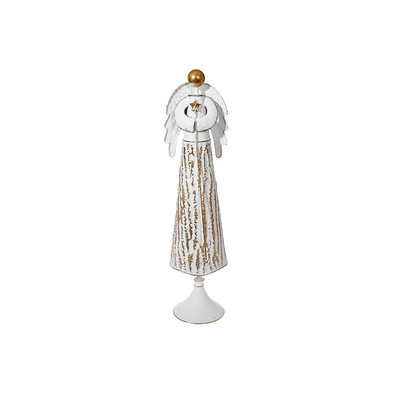Tall White and Gold Metal Winged Angel Sculpture