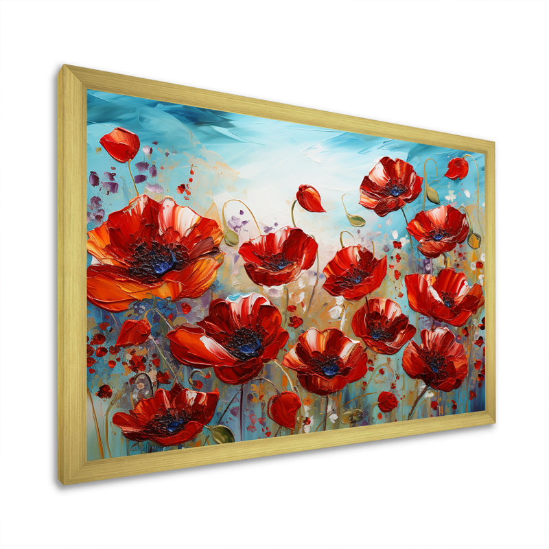 Coquelicots rouges en fleurs sur toile, Cadre doré simple, H 24 po x l 32 po x P 1 po