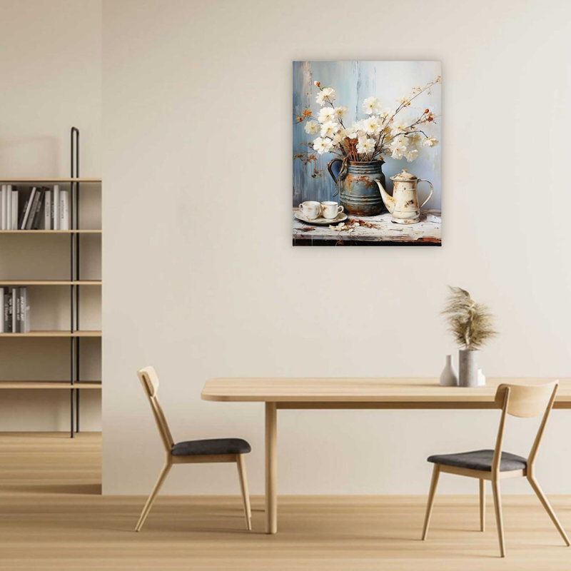 Ensemble de thé antique blanc pivoines blanches sur toile de bois ébréchée, art mural de qualité supérieure pour le salon, 32 x 24 po