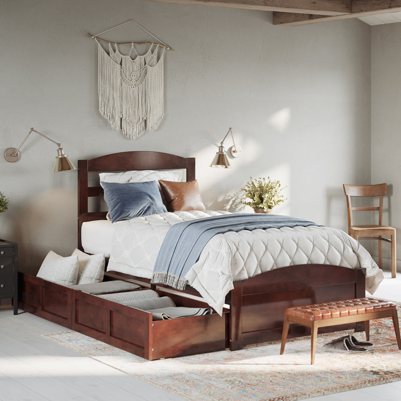 Lit plateforme en bois massif avec pieds de lit et tiroirs de rangement Elliana, Simple, gris