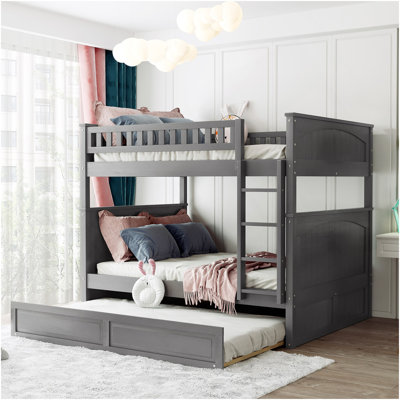 Full Over Full Bunk Bed With Trundle, Pine Wood Bunk Bed With Guardrails, Brushed Gray