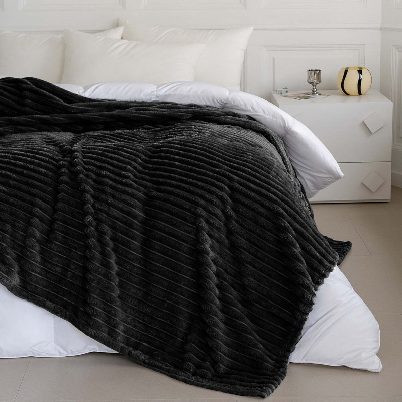 Rehana Snug Soft Chunky Ribbed Cord Plush Throw Blanket, W200 x L240cm, Black