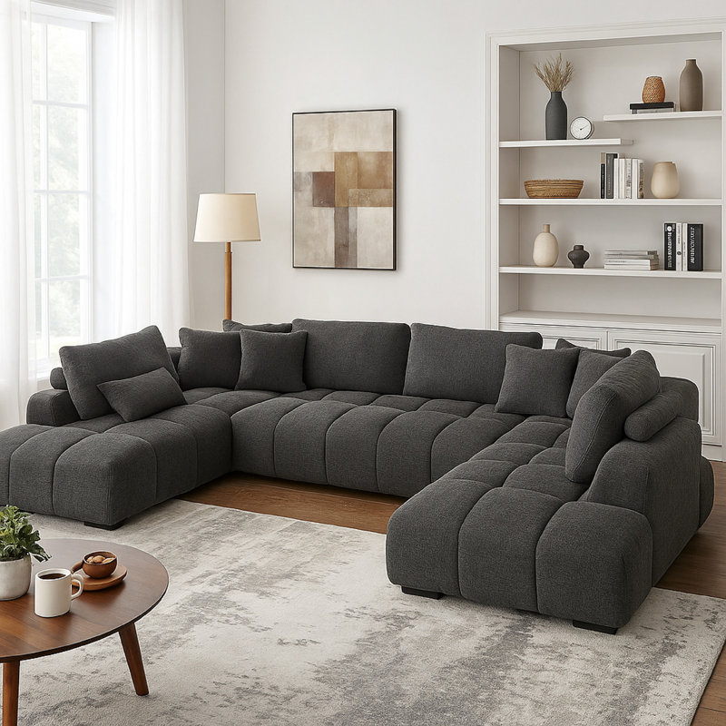Canapé modulaire Cloe U, 3 coussins décoratifs, tissu en lin gris, L 149 po x P 83 po