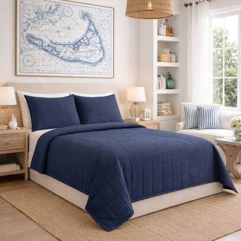 Slub Tencel Coverlet Set , Queen Bedspread + 2 Standard Shams, Marine