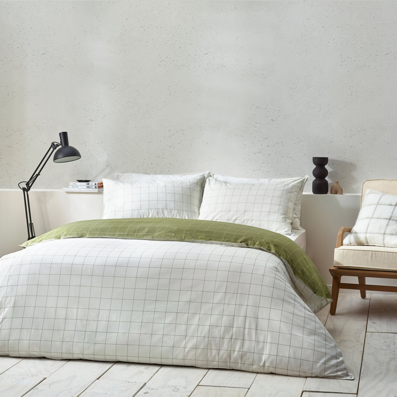 Abiyah Cotton Chequered Duvet Cover Set with Pillowcases, Super King - 2 Standard Pillowcases, Green/White