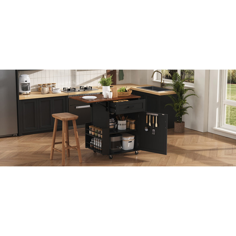 39.3" Farmhouse Kitchen Island with Drop Leaf, Black