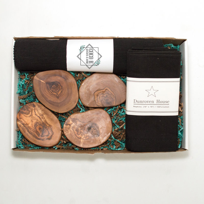 Ensemble de napperons et serviettes 4 pièces en coton, Noir