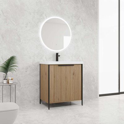 Meuble-lavabo autoportant avec lavabo en résine et 2 portes d'armoire à fermeture en douceur