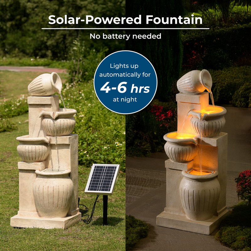 4-Tier 28.5'' Solar Outdoor Garden Fountain With LED Light & Pump, Cream