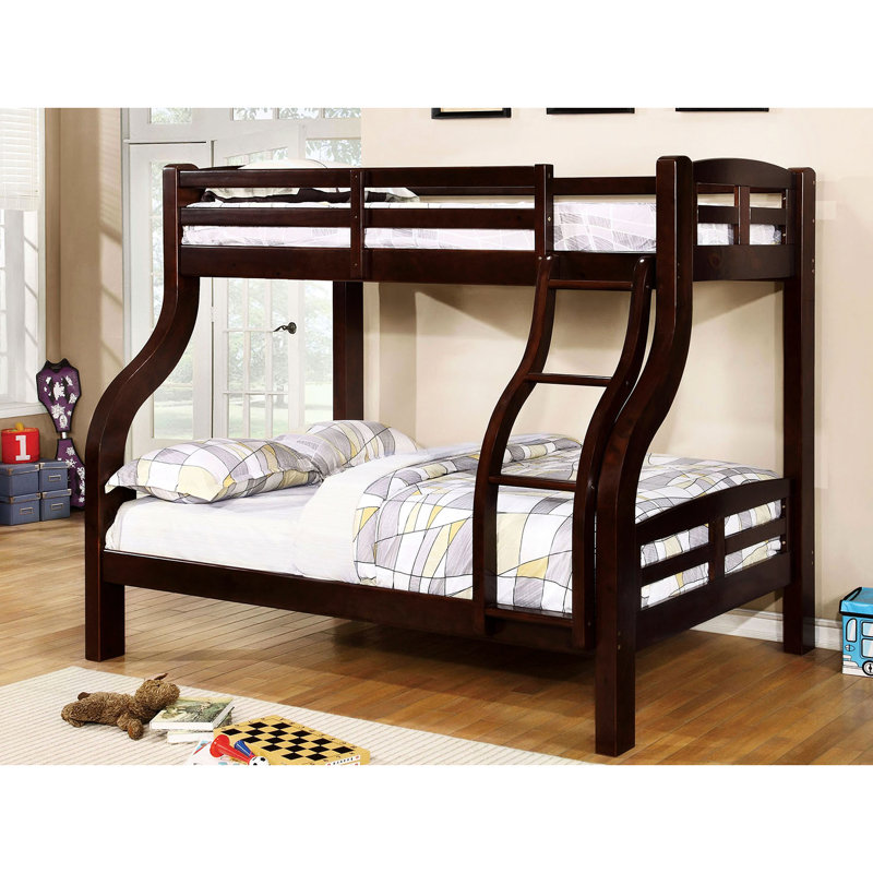 Lit simple superposé au dessus d'un lit double transitionnel avec finition, bois massif et placage, attaché, 14 pièces Lattes, lit à structure audacieuse et sécurisée, bois, lattes courbées