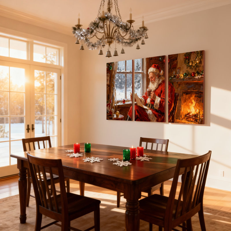 Ensemble de 3 reproductions d'art sur toile, "Christmas Santa Reading By Fireplace Winter Scene", H 30 po x l 60 po